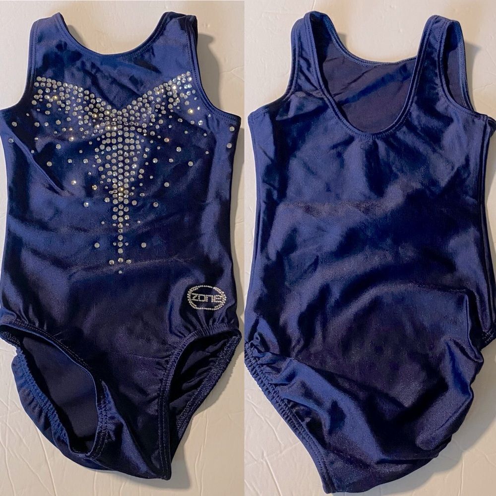 Ozone gymnastics navy blue competition tank custom leotard rhinestone YS child